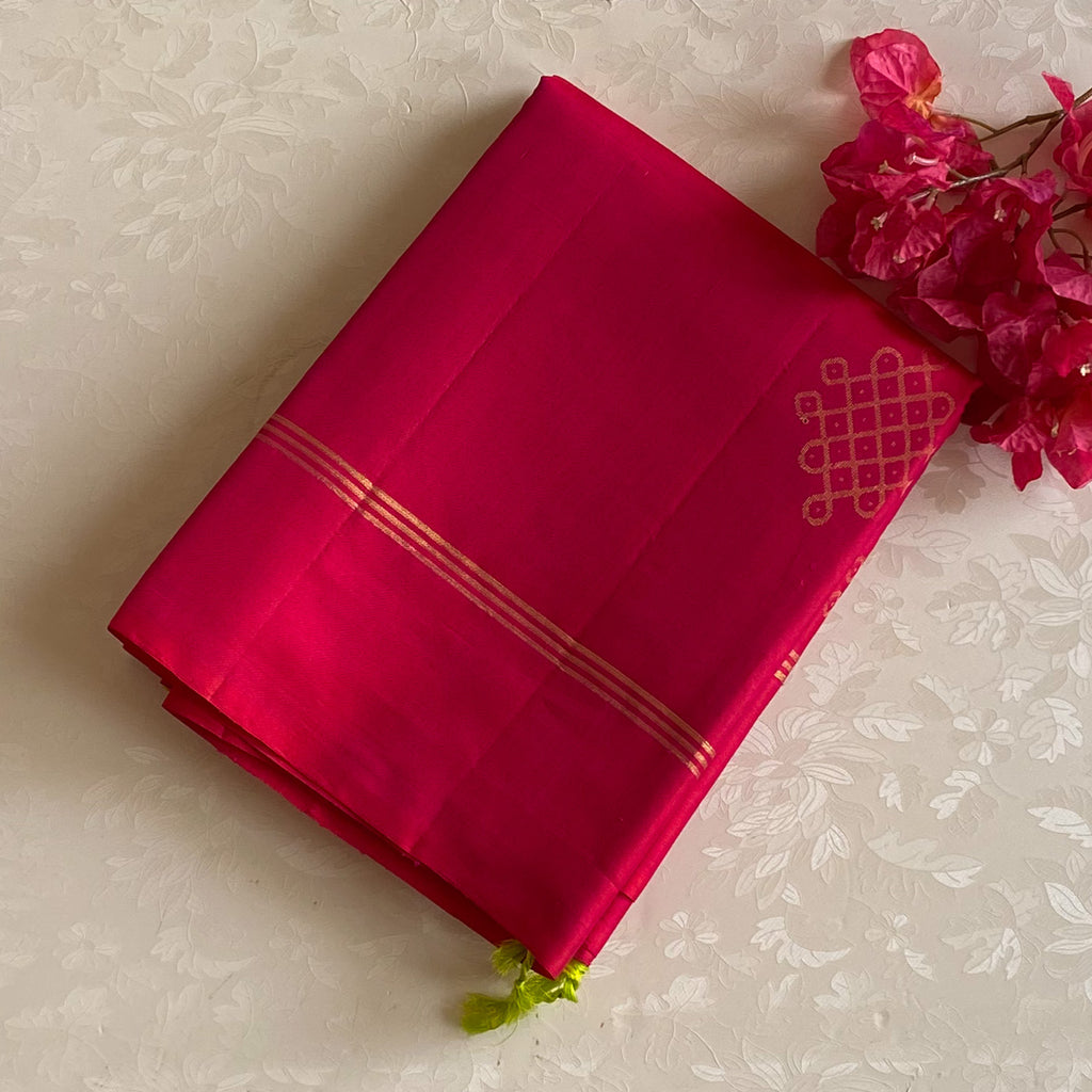 Cherry Pink Handwoven Silk Saree With Lime Yellow Kollam Zari Woven Beauty