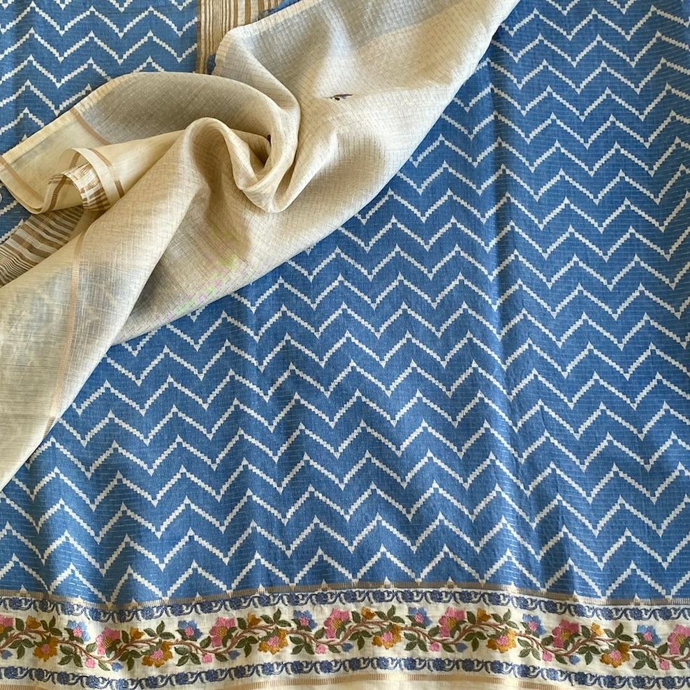 Sky Blue Soft Tussar Silk Saree With Cream Beige Pallu