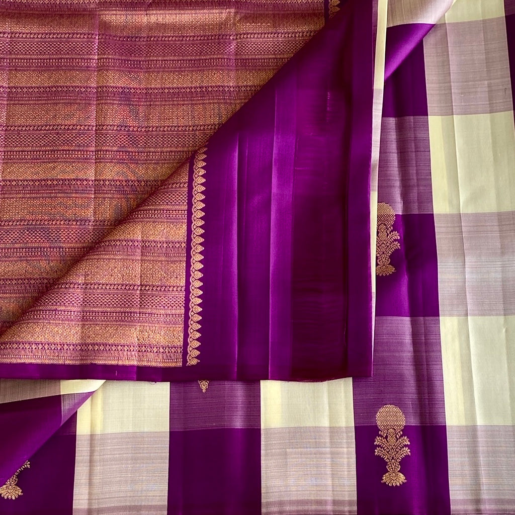 Deep Purple Kanjeevaram Pure Zari Silk Saree With Ivory Checks