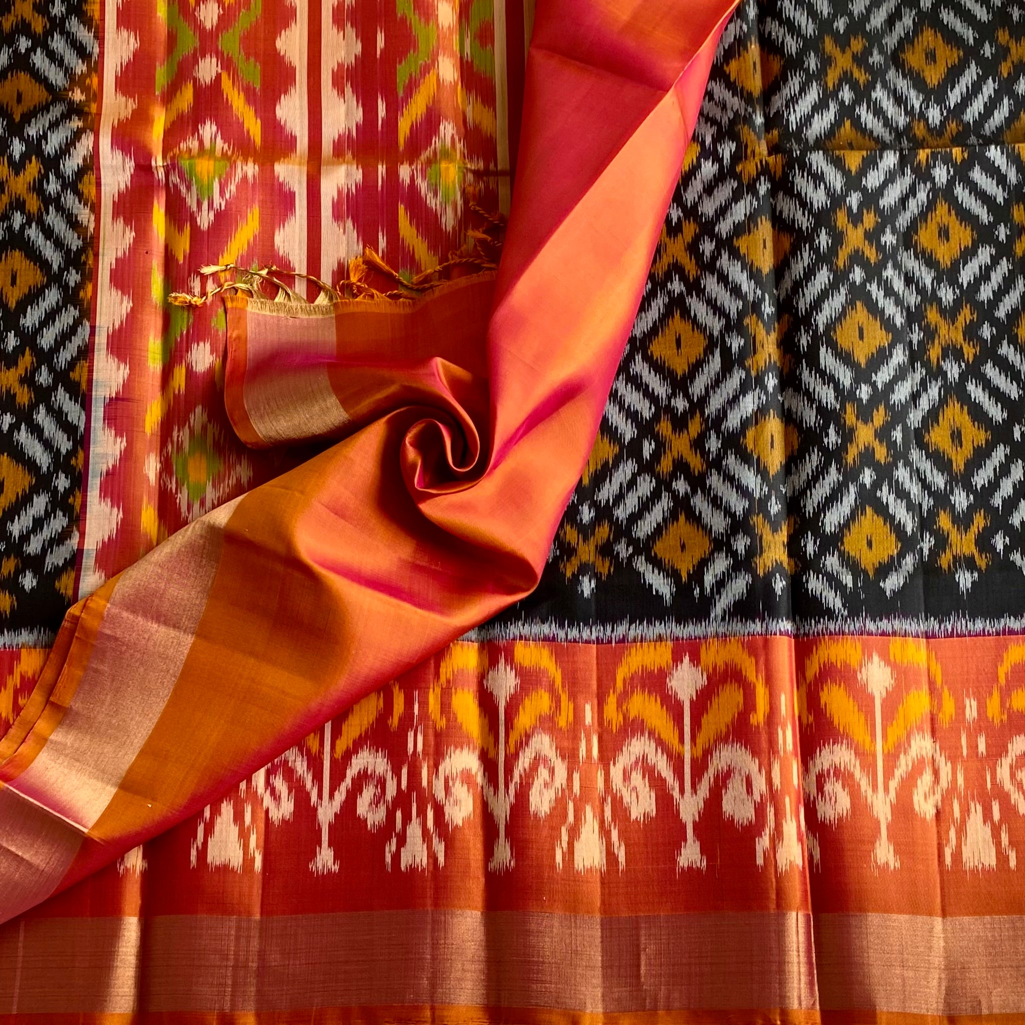 Stunner Black with Burnt Orange Ikkat Handwoven Pure Silk