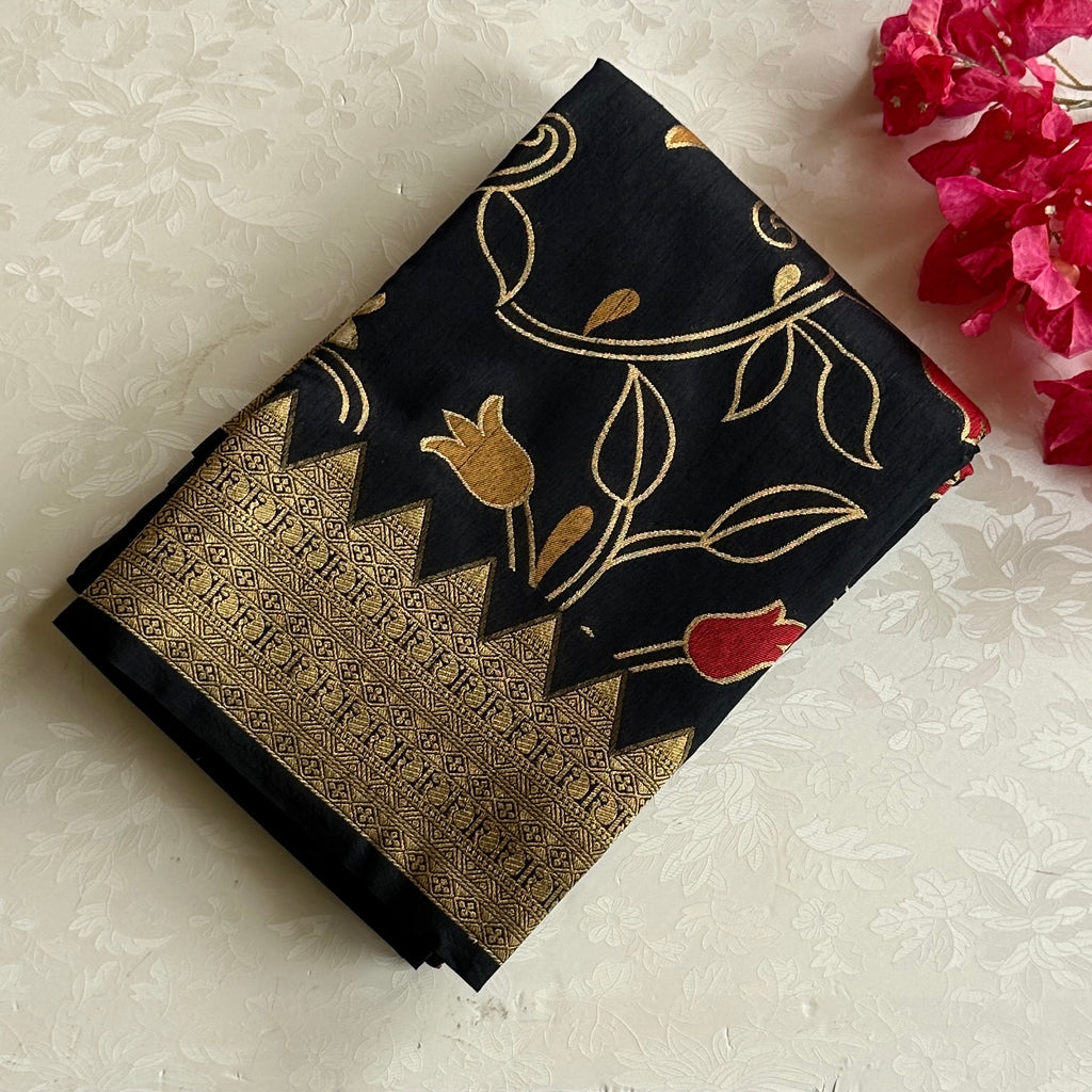 Black Silk Saree Gold Brocade Floral White Blossom Woven Border