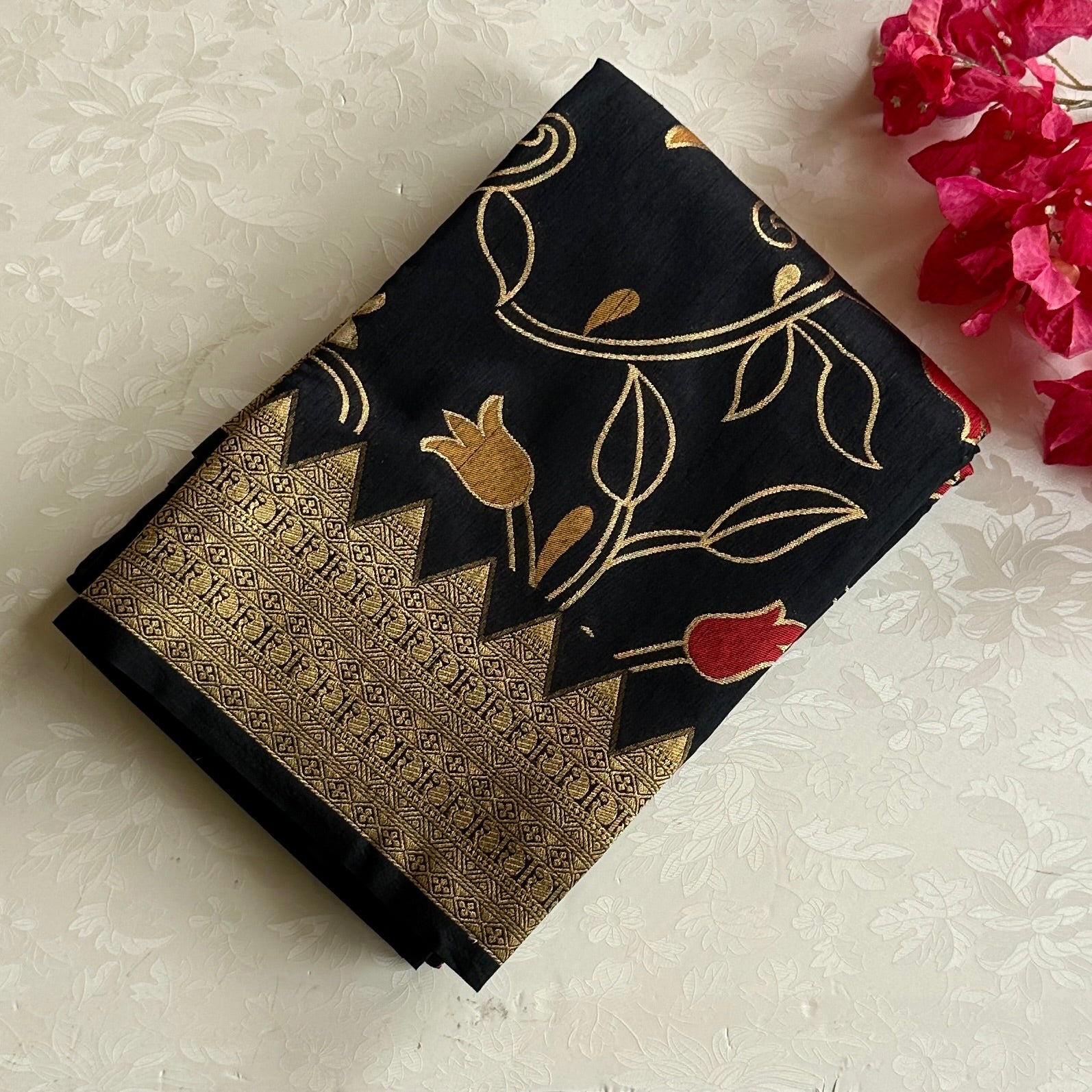 Black Silk Saree Gold Brocade Floral White Blossom Woven Border