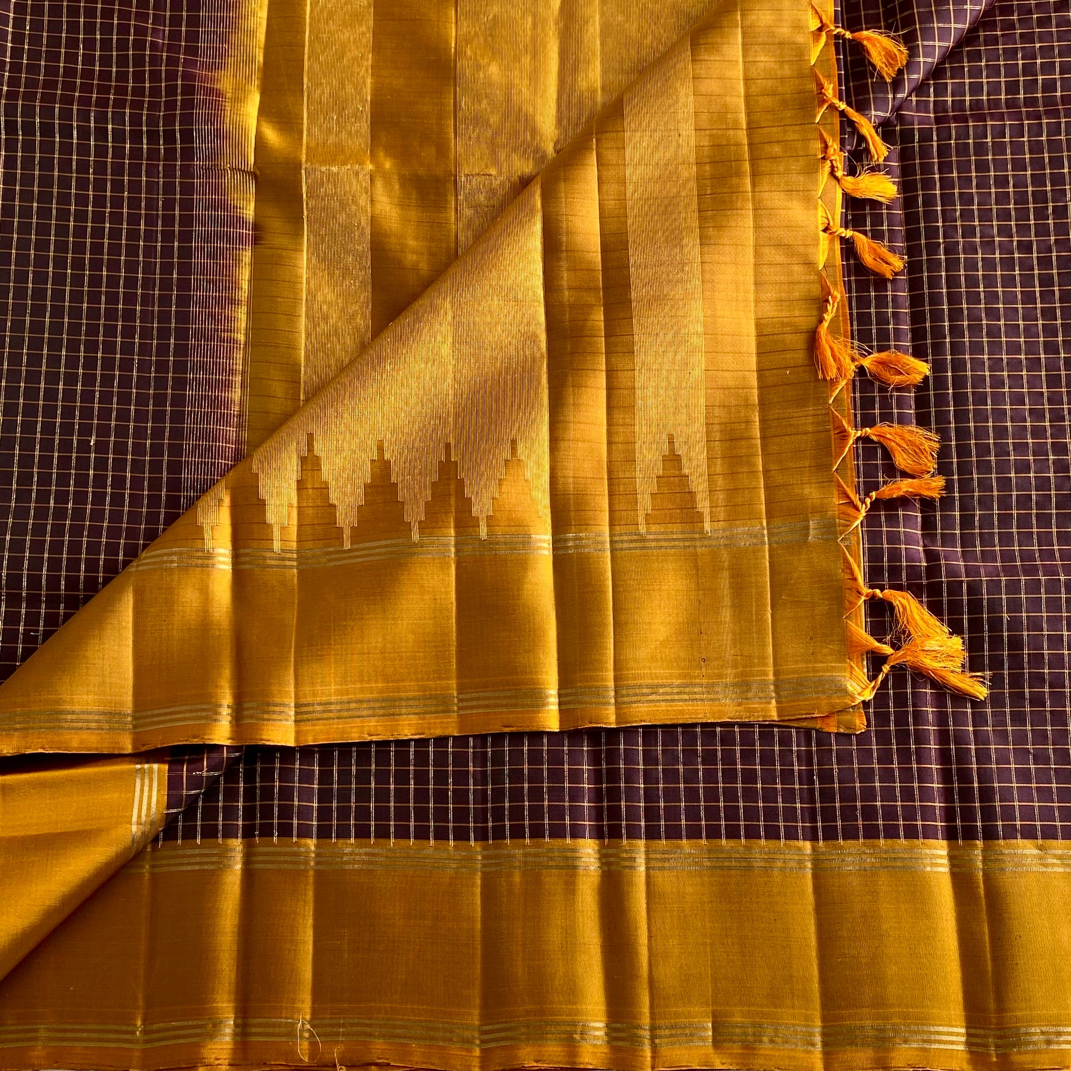 Deep Coffee Checkered Designer Pure Silk With Mustard Gold