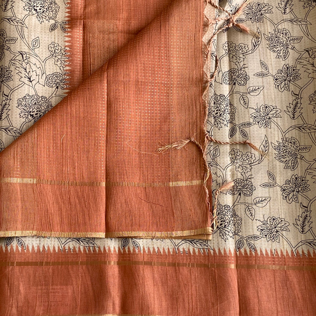 Ecru Beige & Terracotta Soft Tussar Silk Saree With Floral Weave