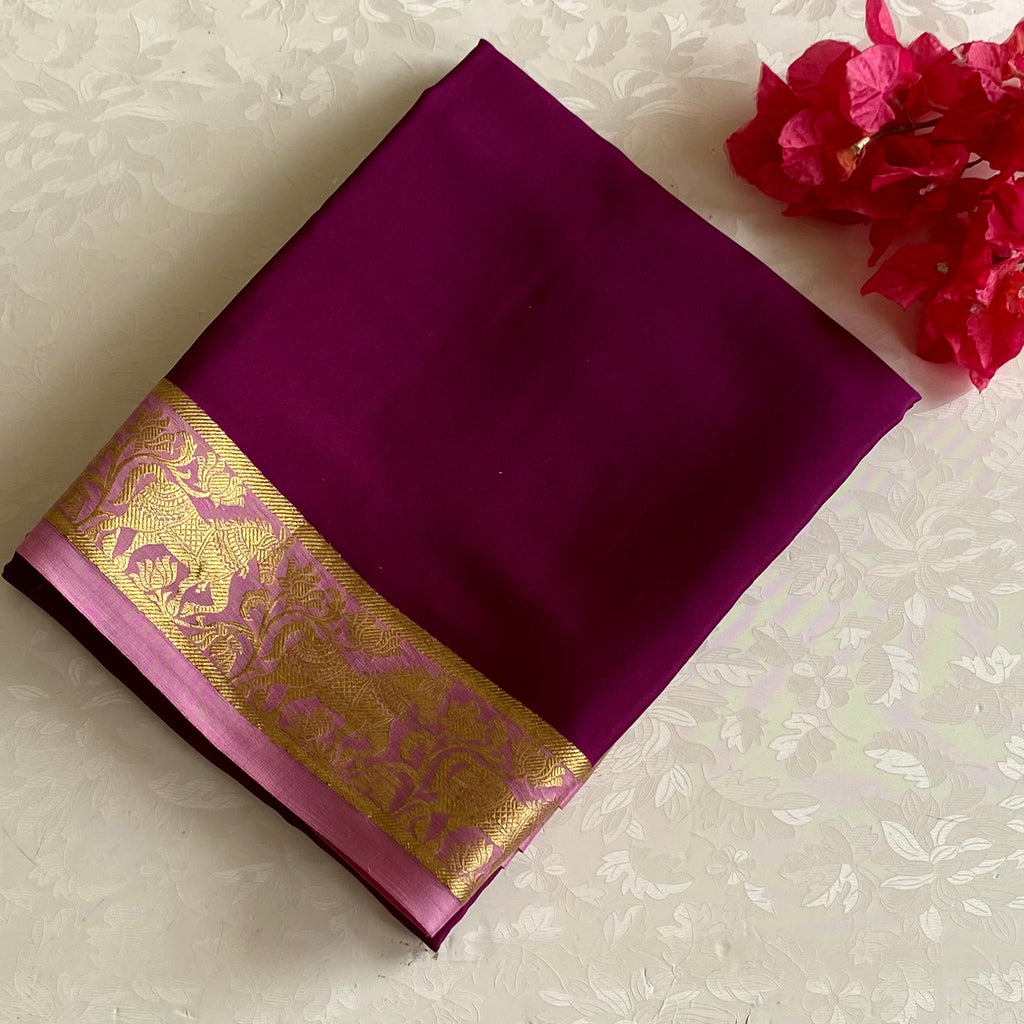 Deep Magenta Mysore Crepe Silk Saree With Blush Pink Gold Zari Border