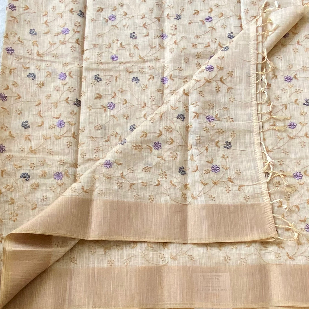 Pale Beige Floral Embroidered Saree Antique Gold Zari Broad Border