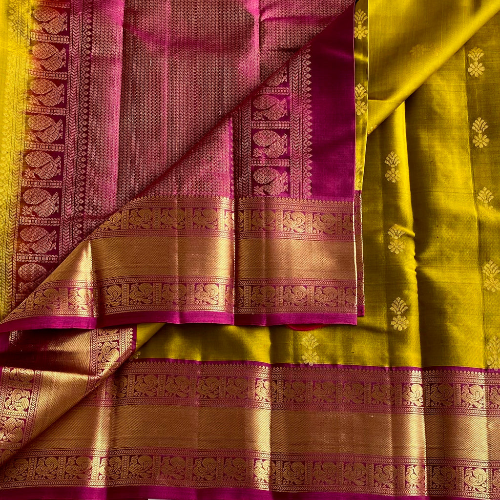 Mustard Green Designer Pure Silk Saree With Deep Magenta Pallu And Gold Borders