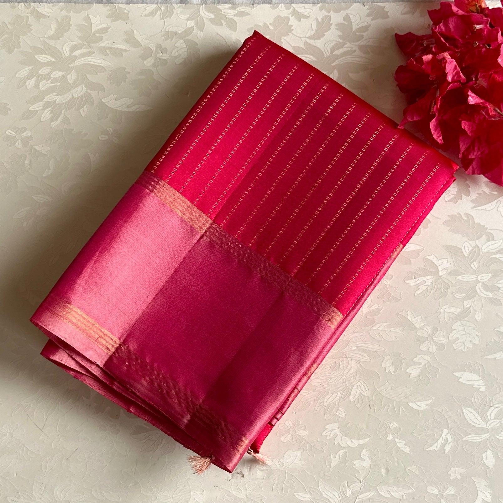 Raspberry Pink Designer Pure Silk Saree With Pastel Pink Borders