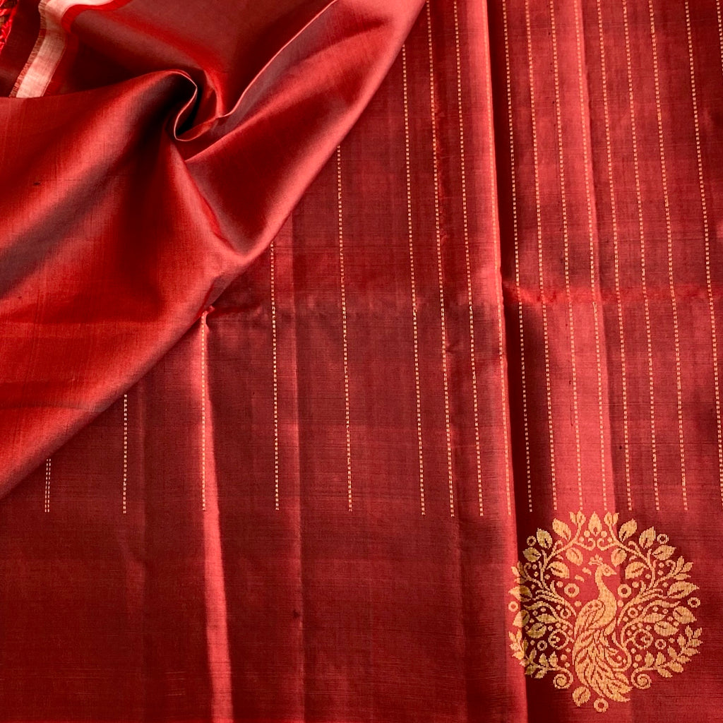 Deep Maroon Designer Pure Silk Saree With Antique Gold Brocade Border