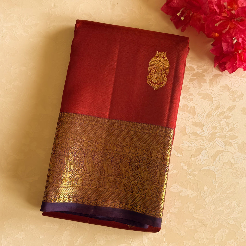 Burgundy Gold Brocade Saree with Royal Blue Contrast Body
