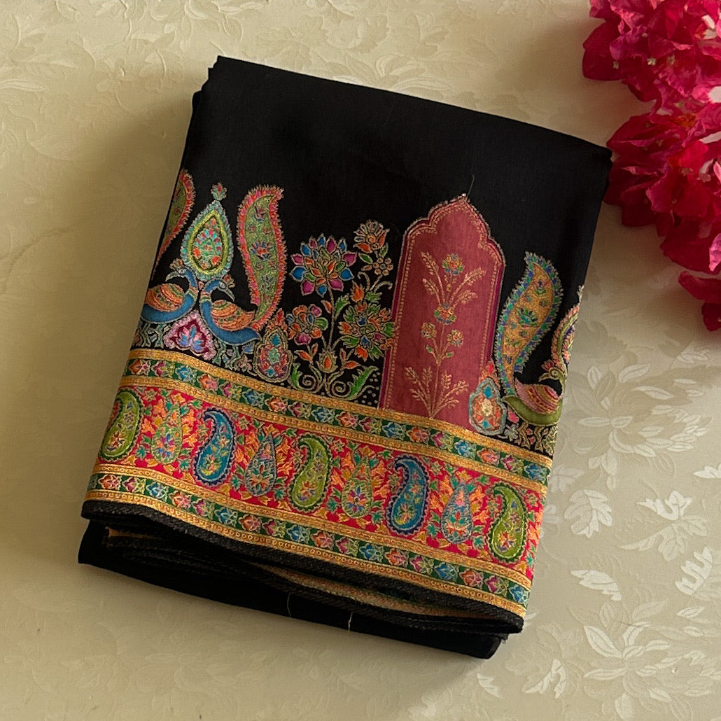 Black Silk Saree with Vibrant Paisley Border and Gold Zari