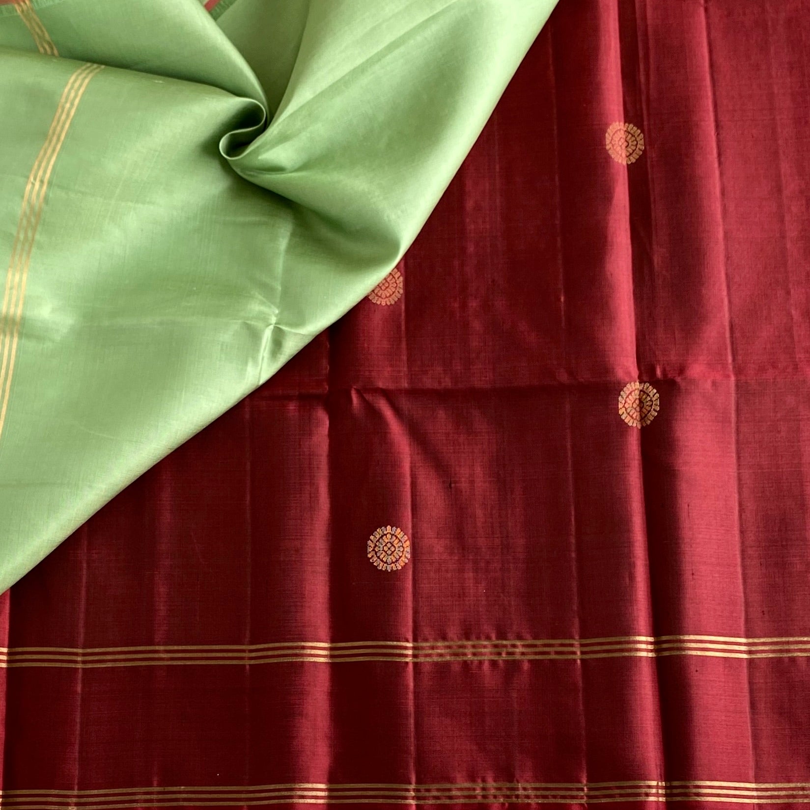 Rustic Maroon Designer Pure Silk Saree With Mint Green Pallu