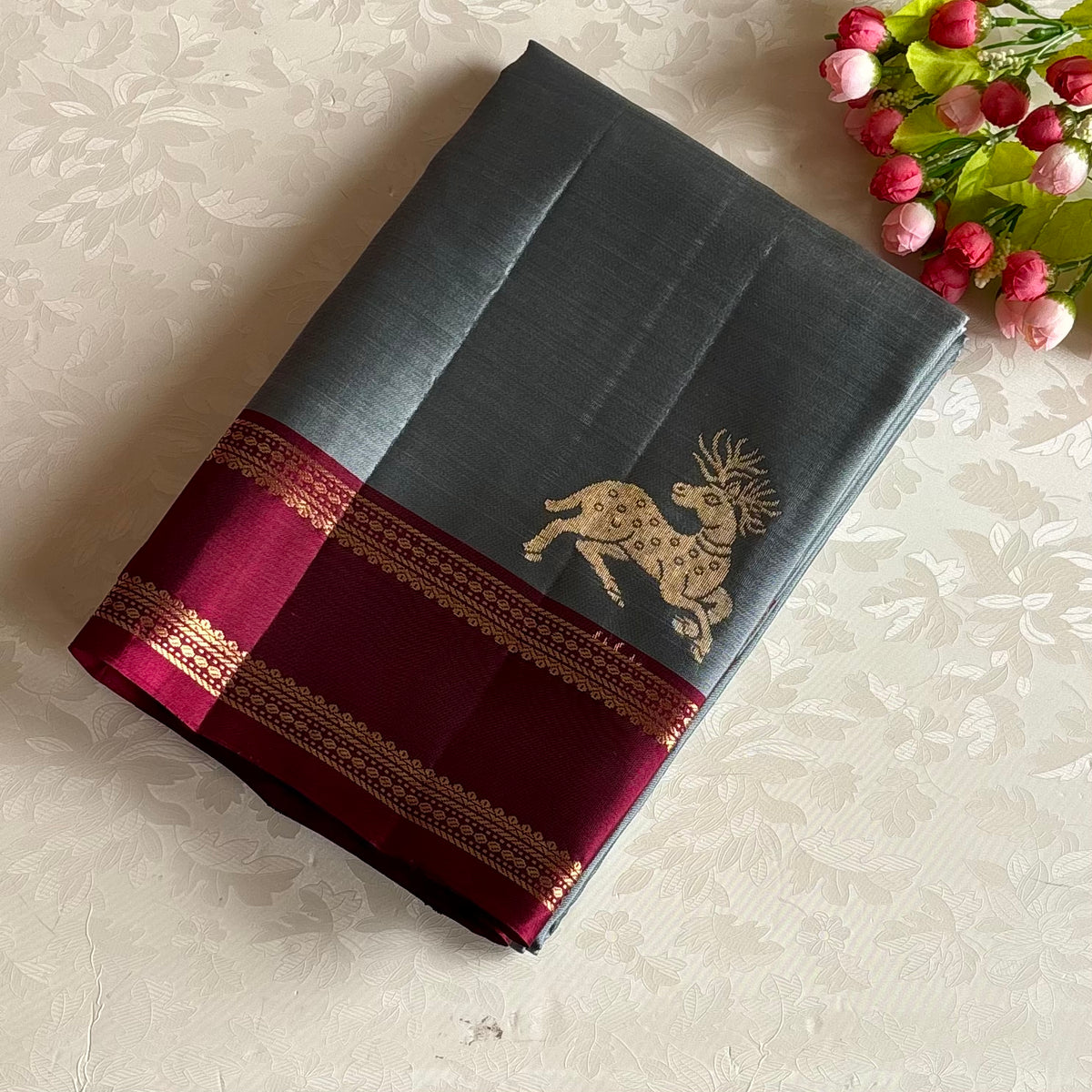 Slate Gray Designer Pure Silk Saree With Deep Magenta Pallu