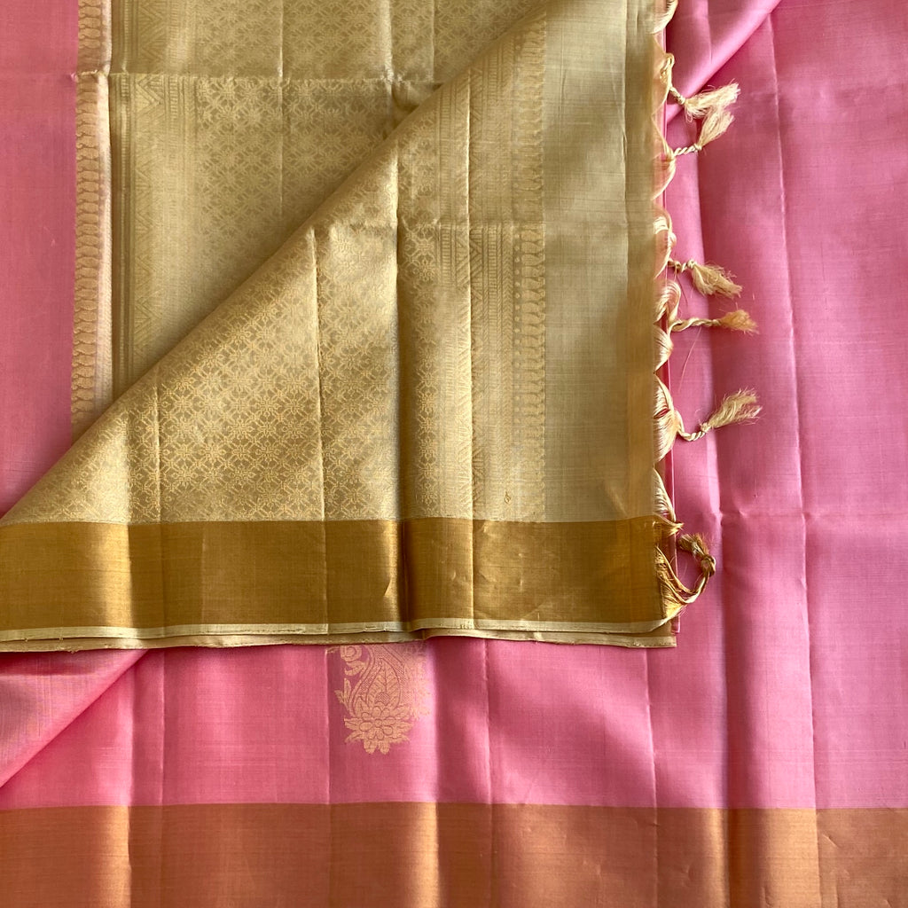 Dreamy Baby Pink Designer Pure Silk Saree With Antique Gold Pallu And Tassels