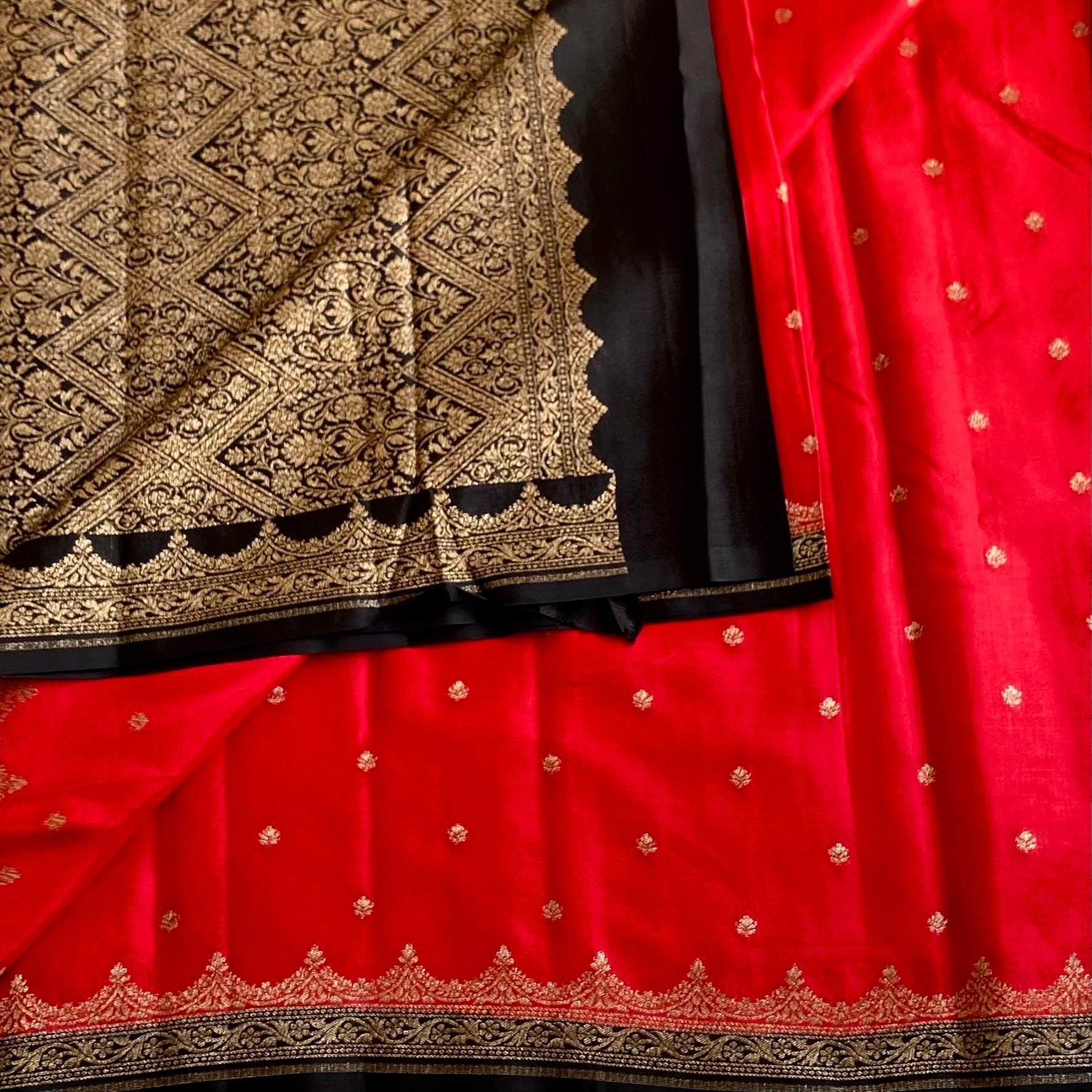 Banarasi Crepe Silk Scarlet Red With Jet Black Pallu