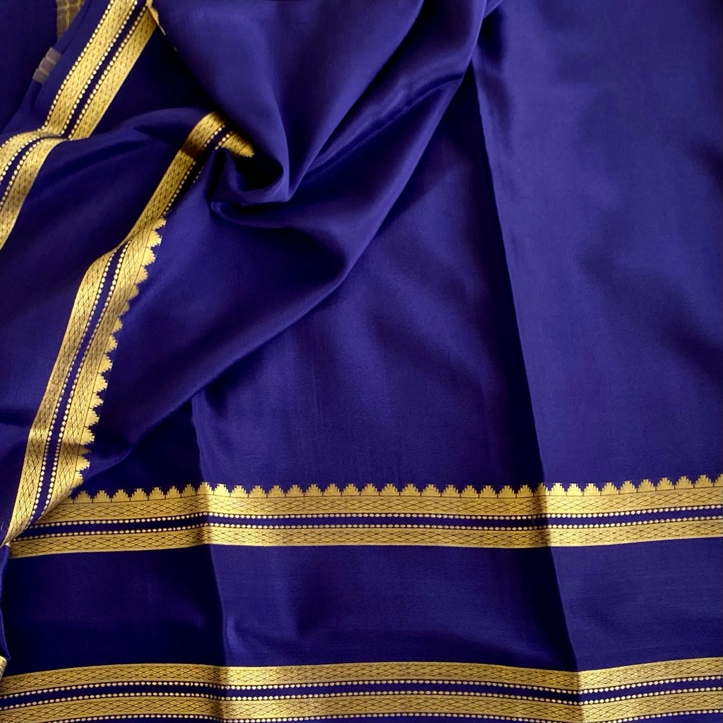 Midnight Navy Mysore Crepe Silk Saree With Gold Border Stripes