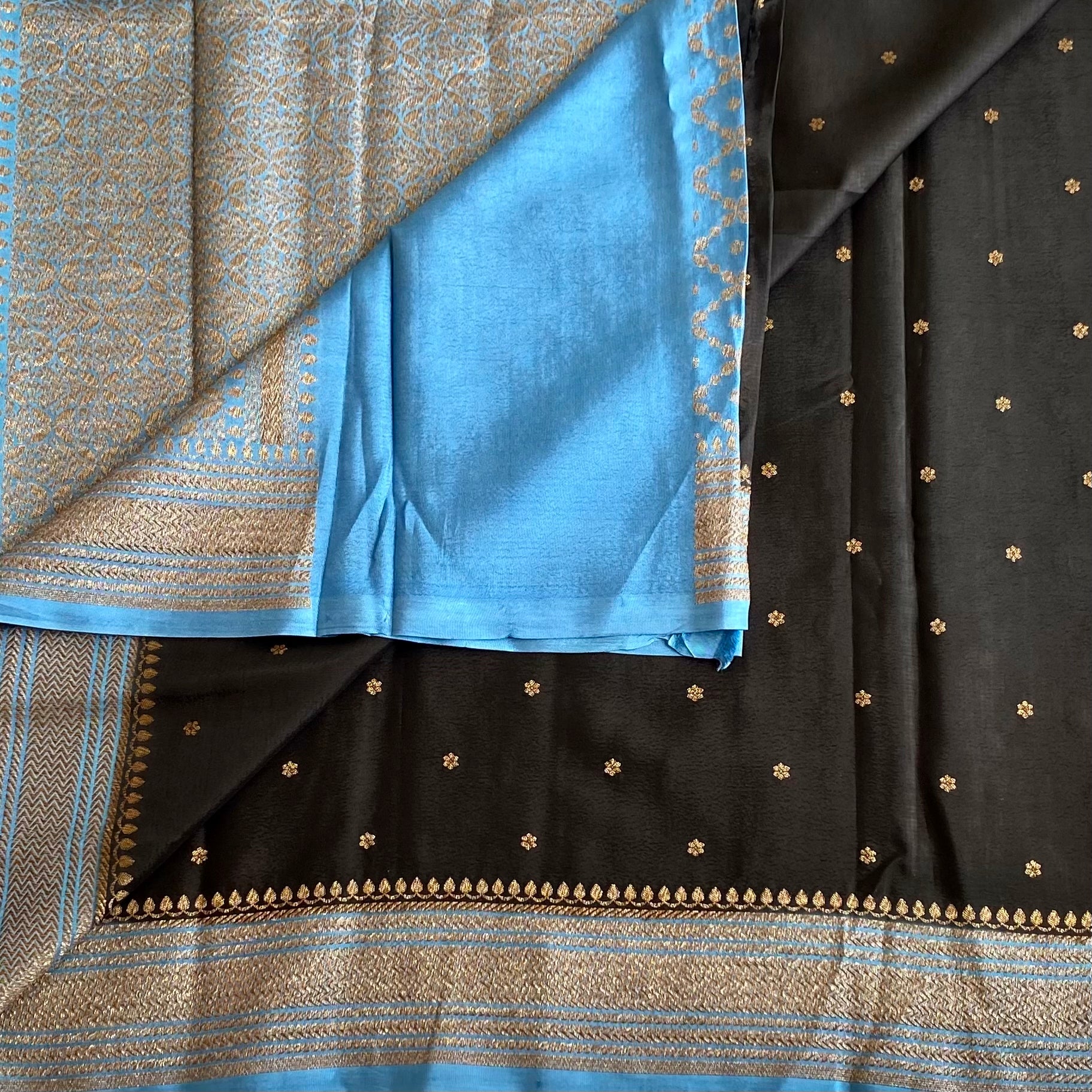 Jet Black Banarasi Crepe Silk Saree With Turquoise Blue Border