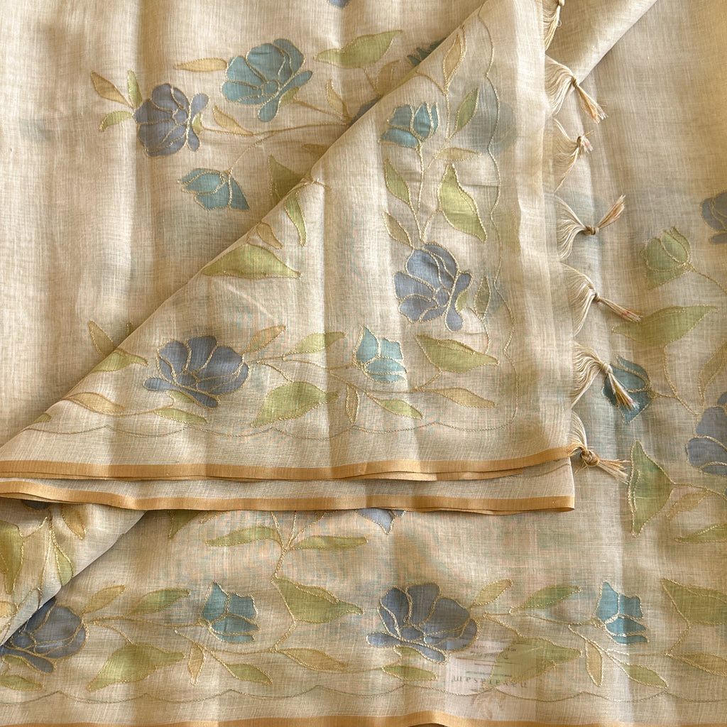 Light Beige Sheer Saree Powder Blue Floral Gold Outline Border