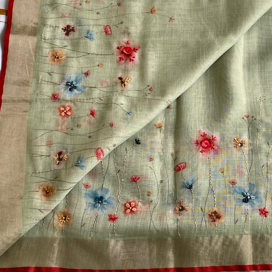 Sage Green Soft Linen Saree With Scarlet Red Border