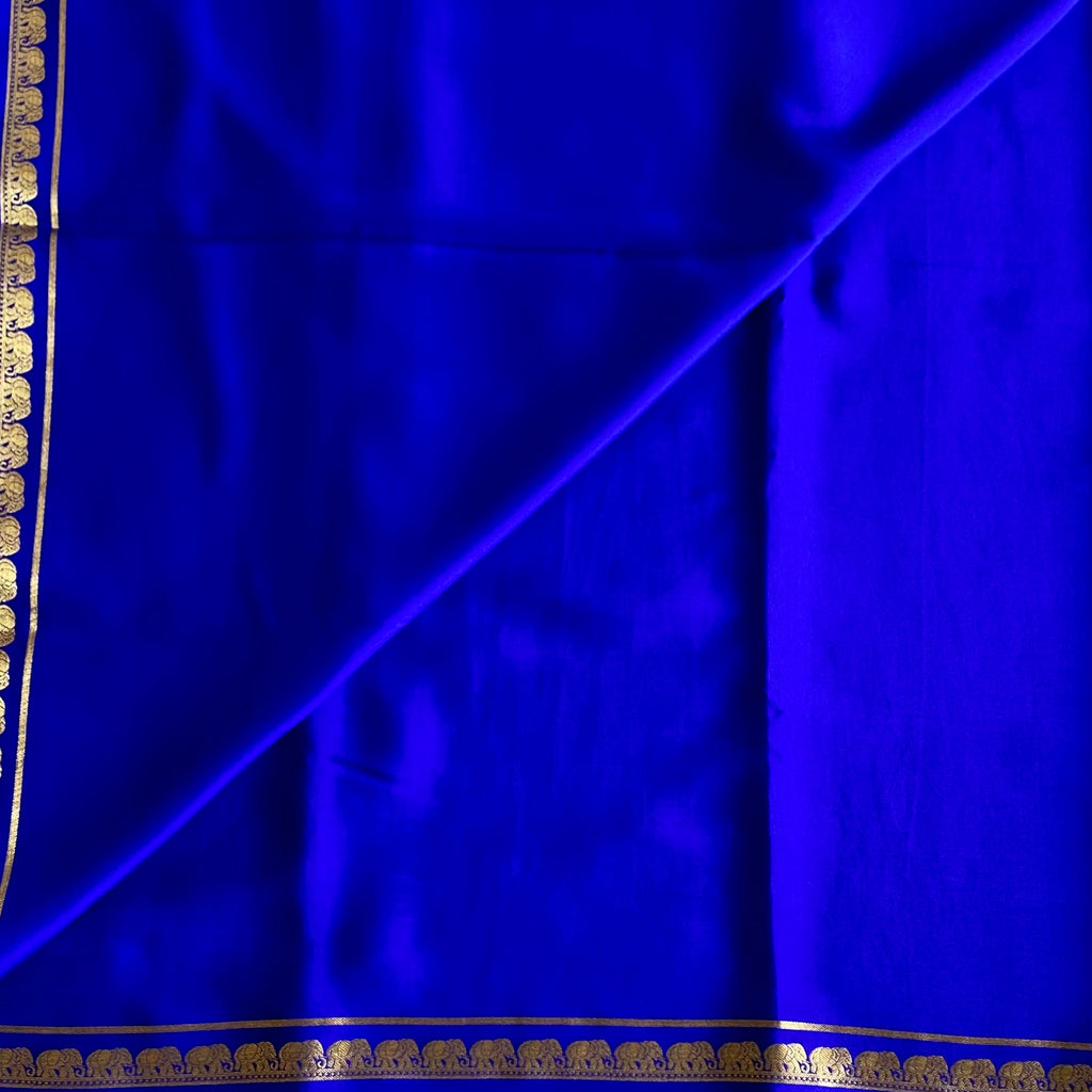 Royal Blue Mysore Crepe Silk Saree With Antique Elephant And Gold Border