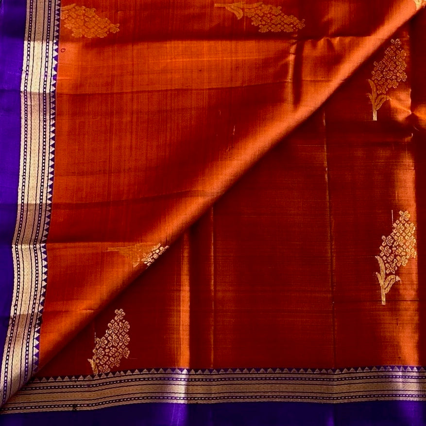 Burnt Orange Designer Pure Silk Saree With Royal Purple Pallu