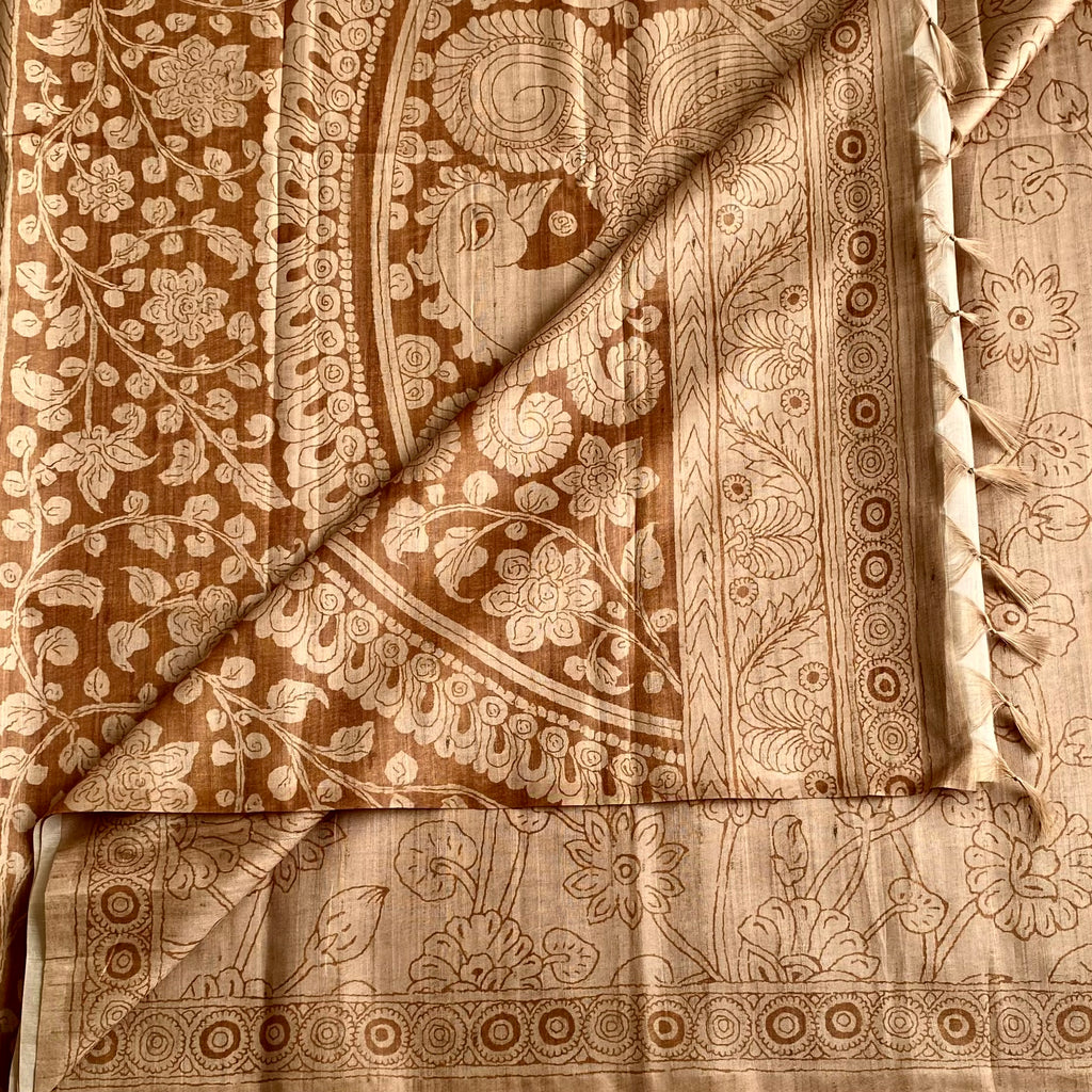 Light Tan Soft Tussar Silk Saree With Caramel Brown Motifs
