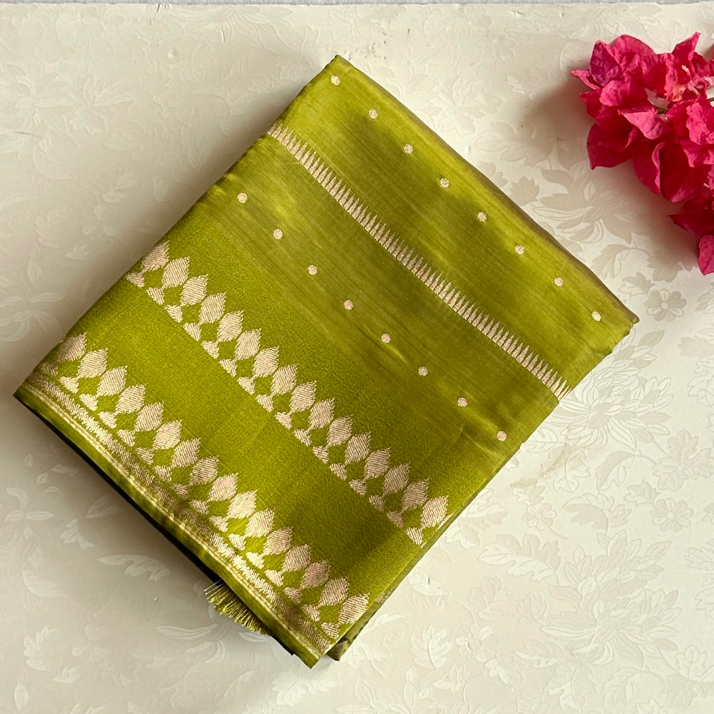 Olive Green Silk Saree Pale Gold Woven Geometric Pallu Tassels