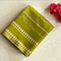 Olive Green Silk Saree Pale Gold Woven Geometric Pallu Tassels
