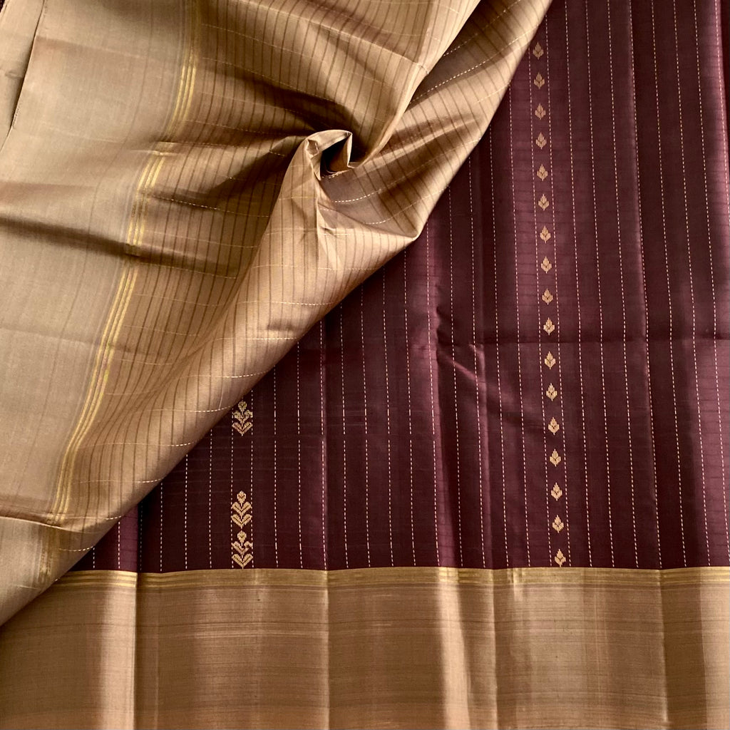 Deep Maroon Plum Designer Pure Silk Saree With Antique Gold Pallu
