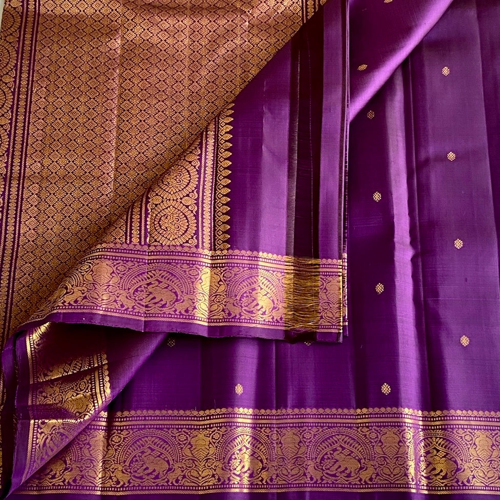 Deep Purple Kanjeevaram Pure Zari Silk Saree With Heritage Elephant Gold Border