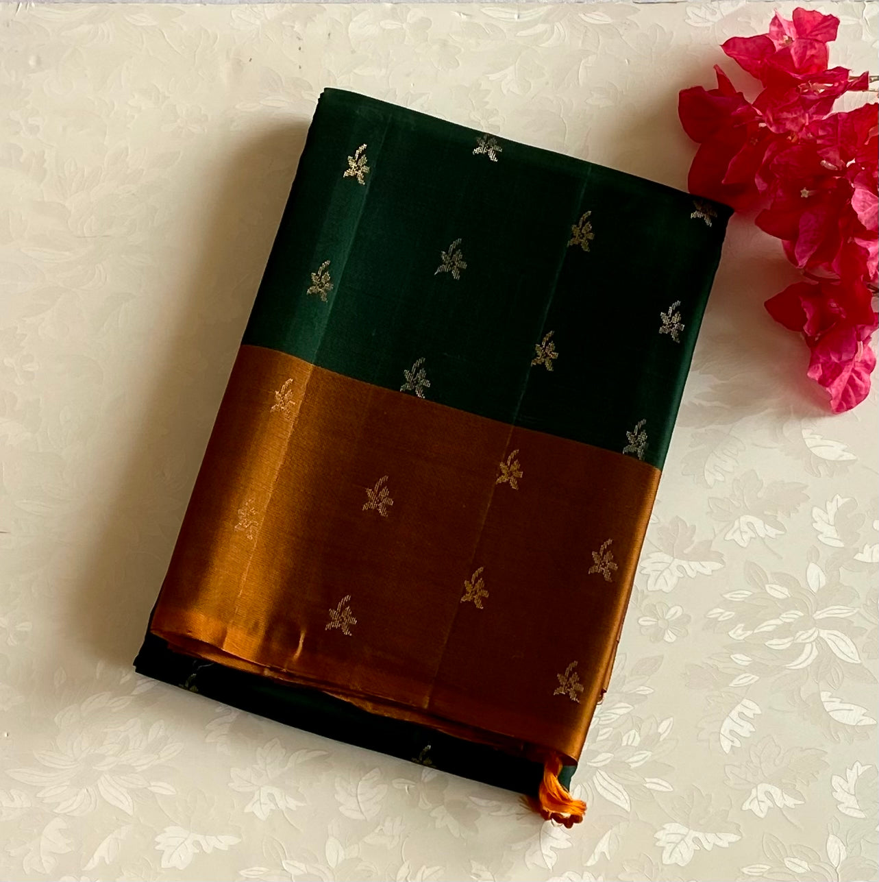 Emerald Green Silk Saree Rust mix Copper Pallu Antique Gold Woven Buti