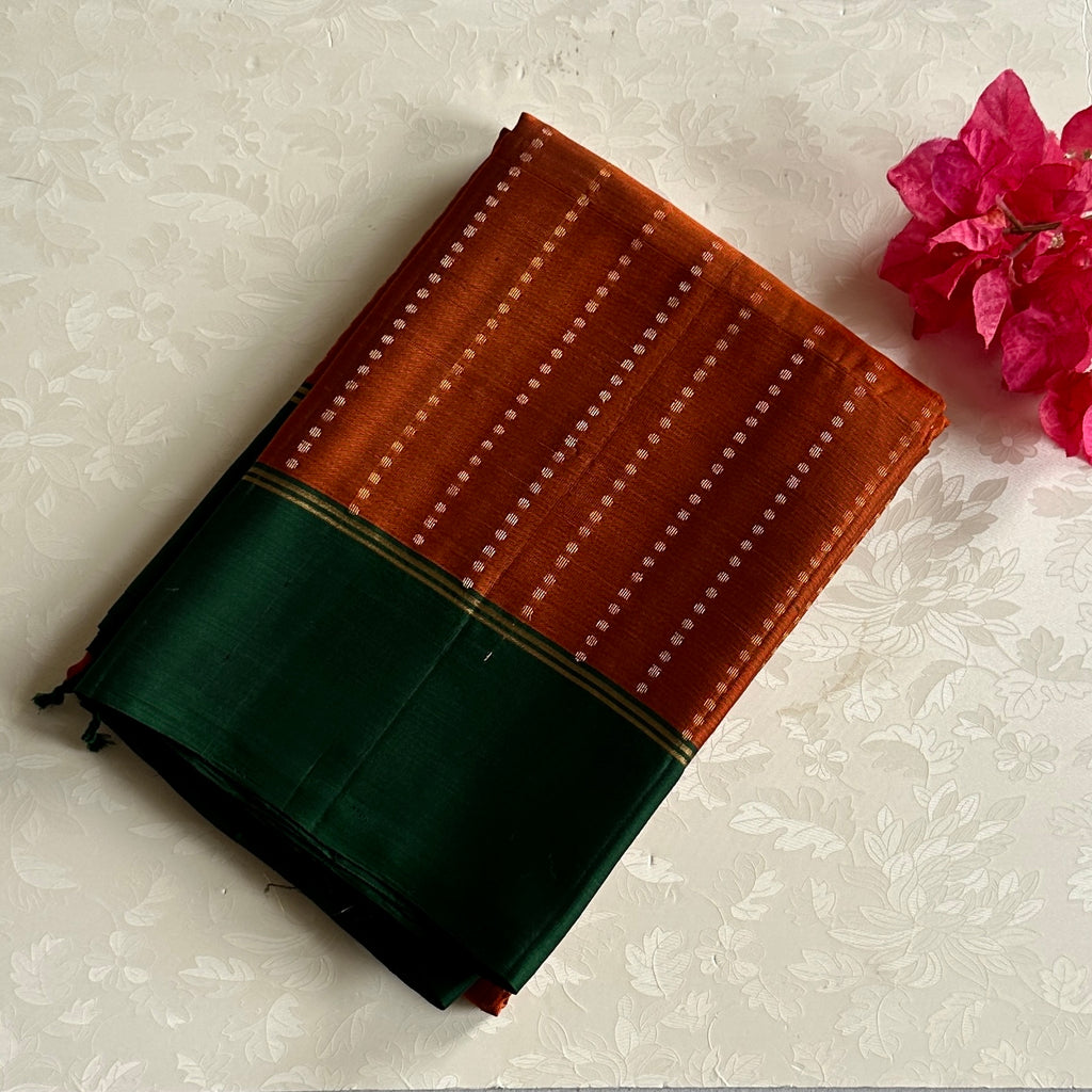 Burnt Orange with Emerald Green handwoven designer pure silk