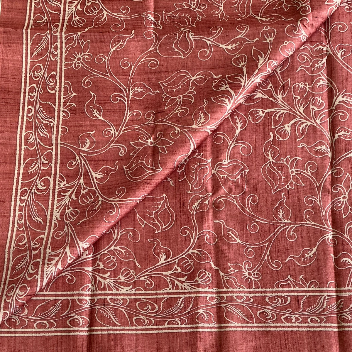 Brick Red Soft Tussar Silk Saree With Beige Floral Print Pallu