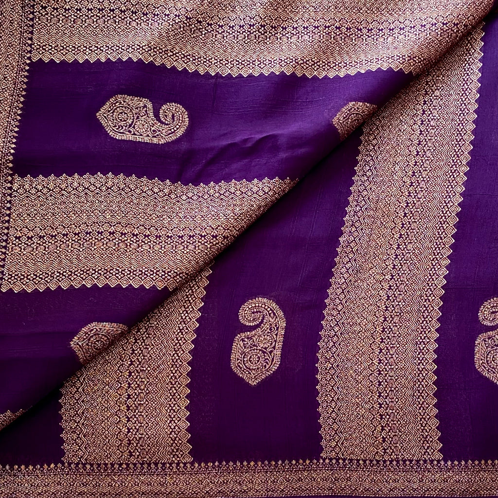 Plum Purple Soft Jute Tussar with Antique Gold Brocade Work