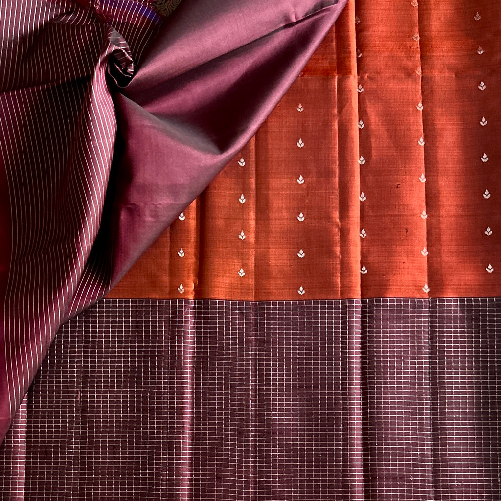 Burnt Orange Maroon Woven Saree Gold Buti Brocade Pallu Tassels