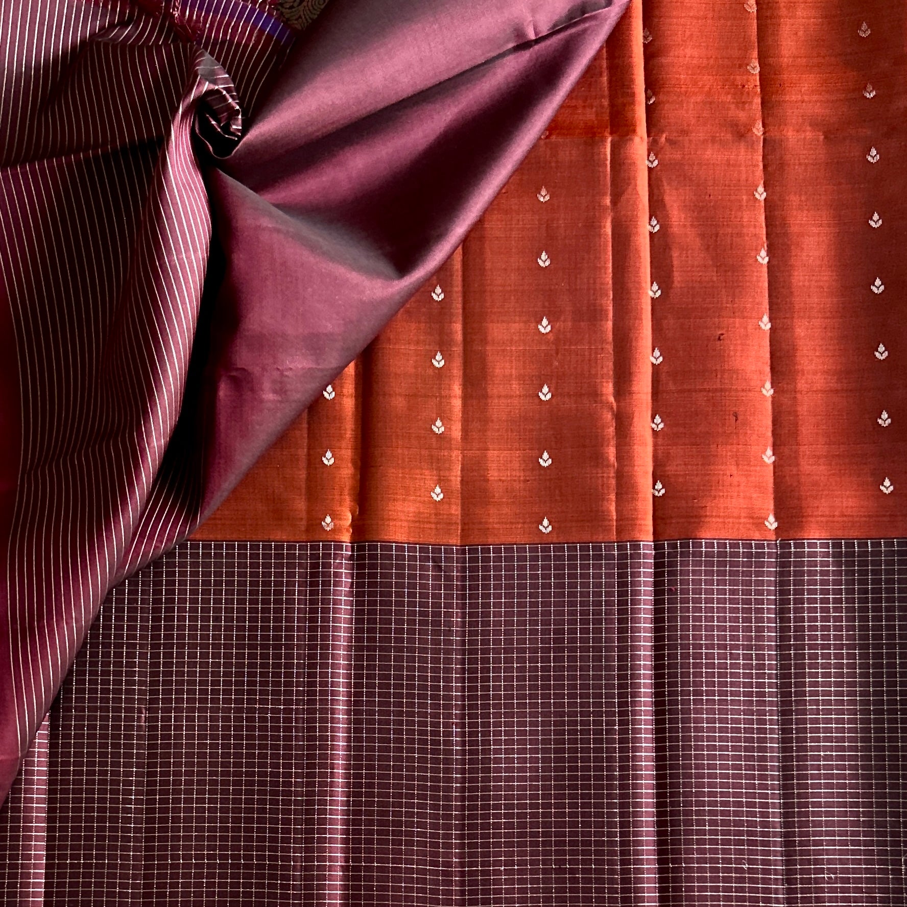 Burnt Orange Maroon Woven Saree Gold Buti Brocade Pallu Tassels