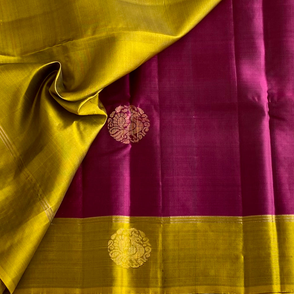Raspberry Magenta With Lime Yellow Designer Handwoven Pure Silk
