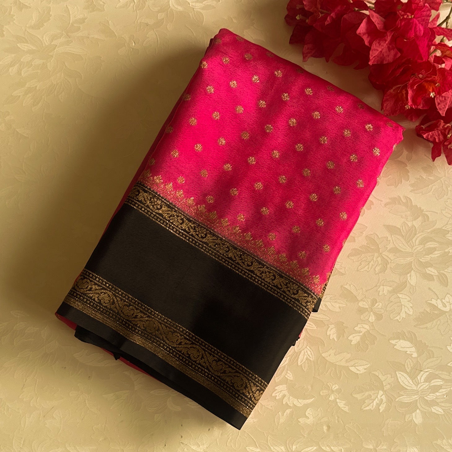 Magenta Black Silk Saree Gold Brocade Contrast Border Wedding Saree
