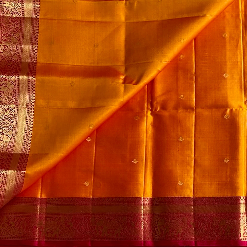 Sunset Orange Designer Pure Silk  With Cherry Pink Pallu