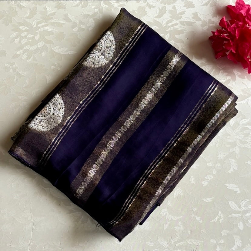 Midnight Indigo Designer Soft Crepe Saree With Antique Gold Paisley Pallu