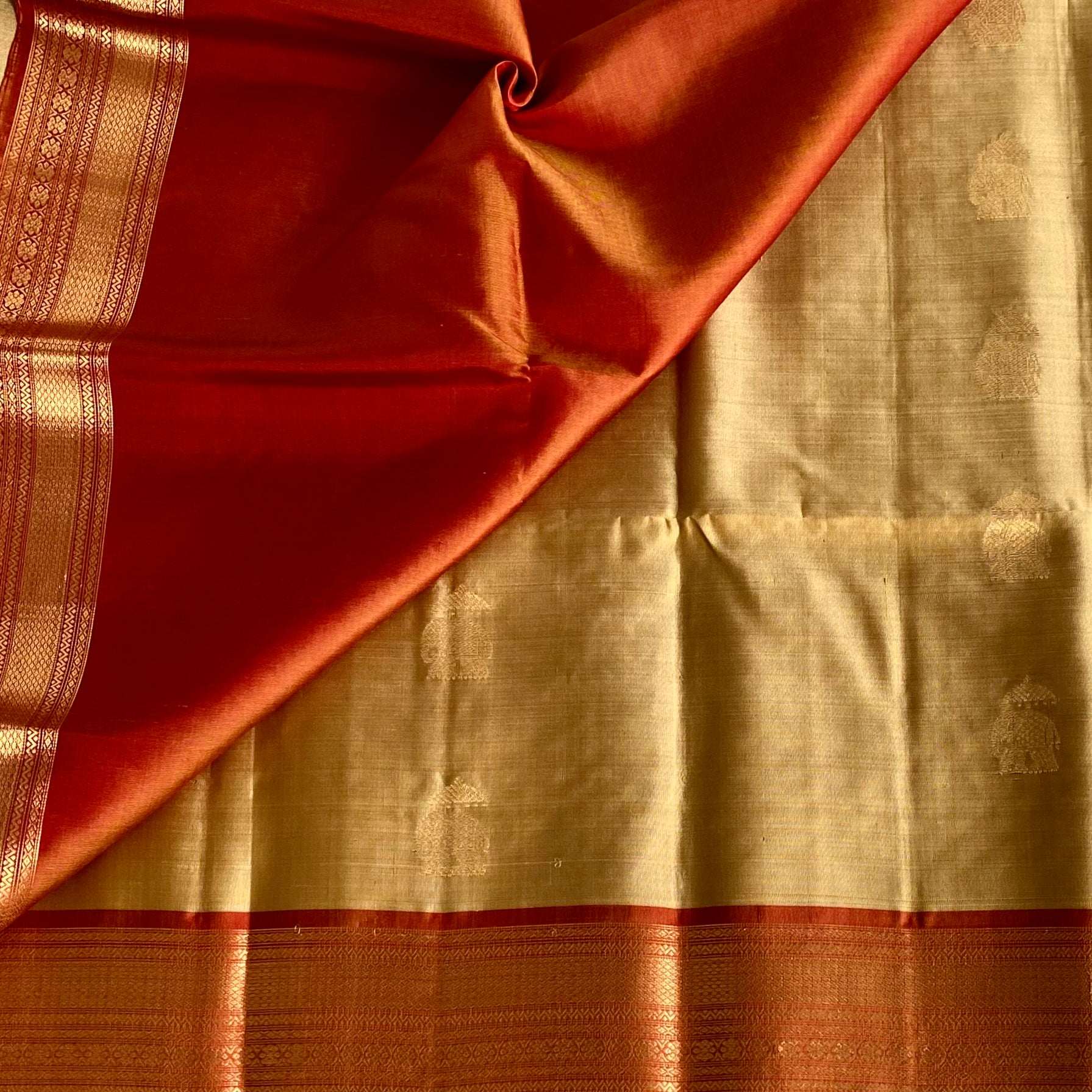 Antique Gold Designer Pure Silk Saree With Rust Orange Pallu