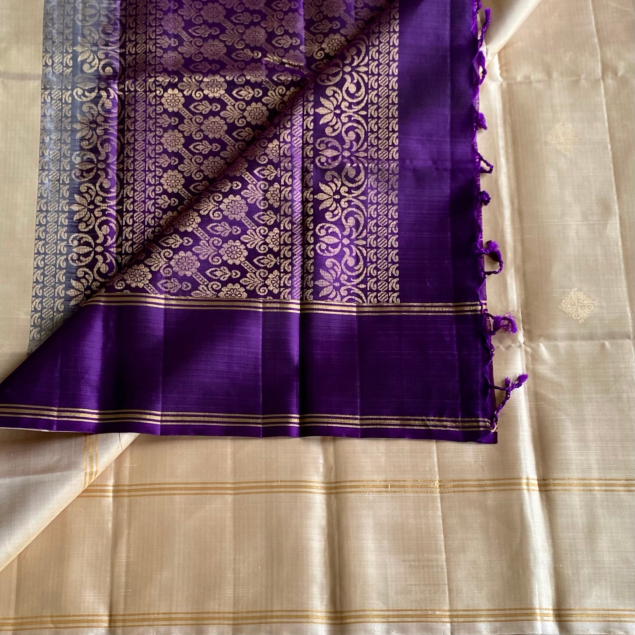 Champagne Beige Designer Pure Silk Saree With Royal Purple Pallu
