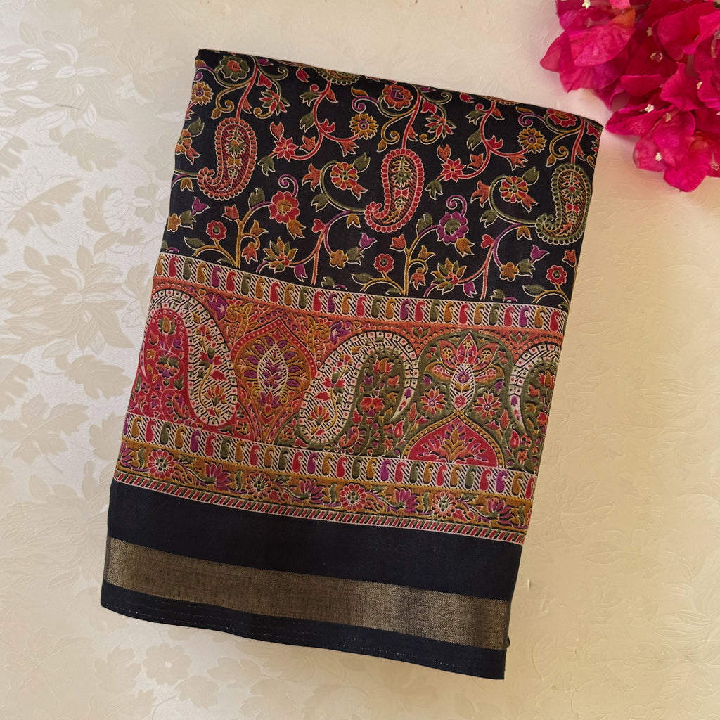Black Paisley Zari Saree Multicolor Floral Motif Festive Traditional Ethnic