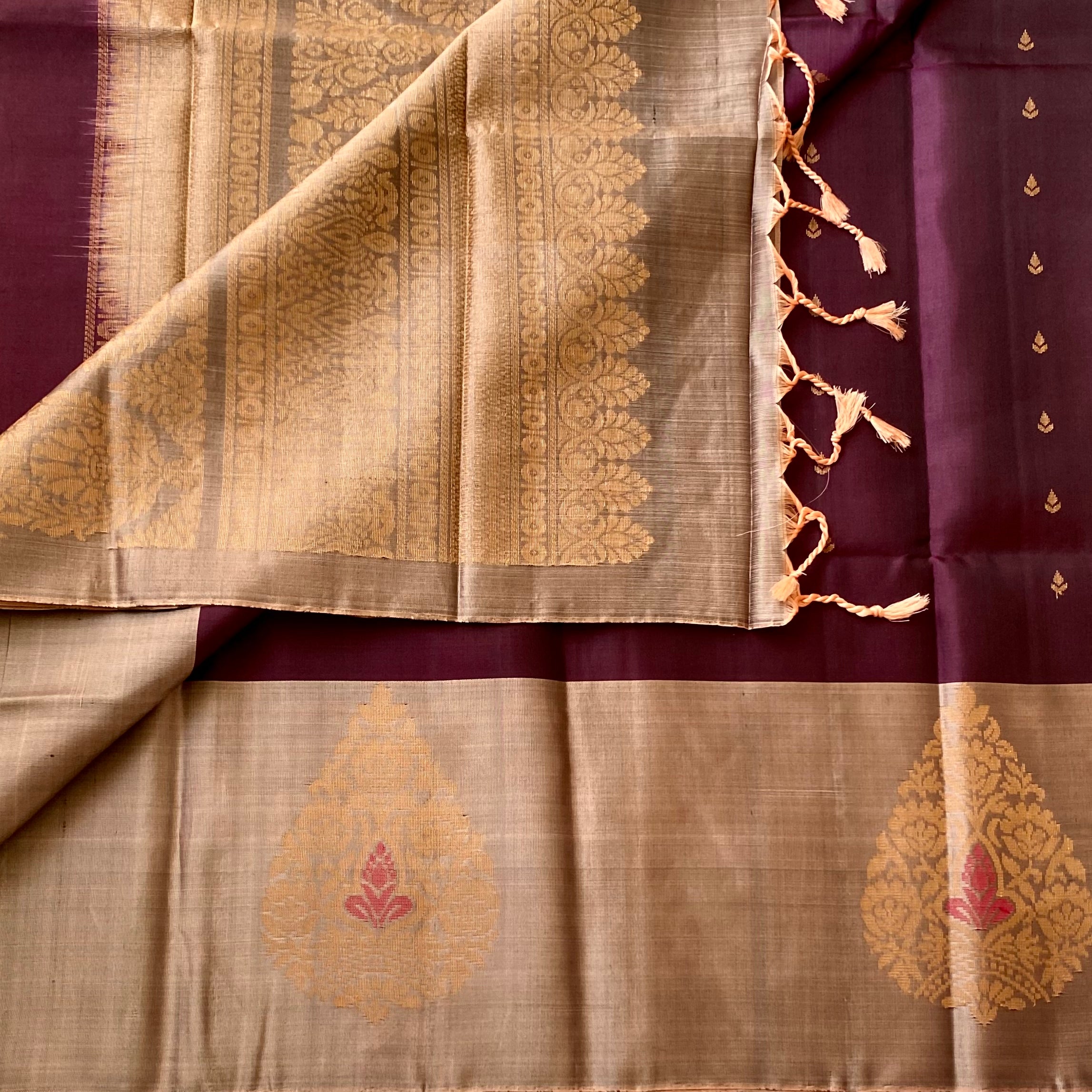 Burgundy Silk Saree with Rose Gold Brocade Pallu and Paisley