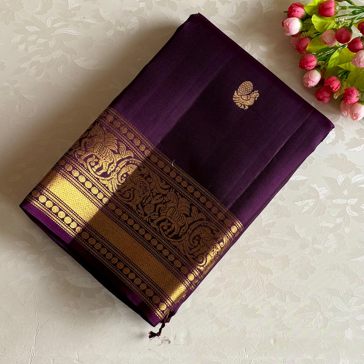 Deep Purple Designer Pure Silk Saree With Antique Gold Pallu And Paisley Border