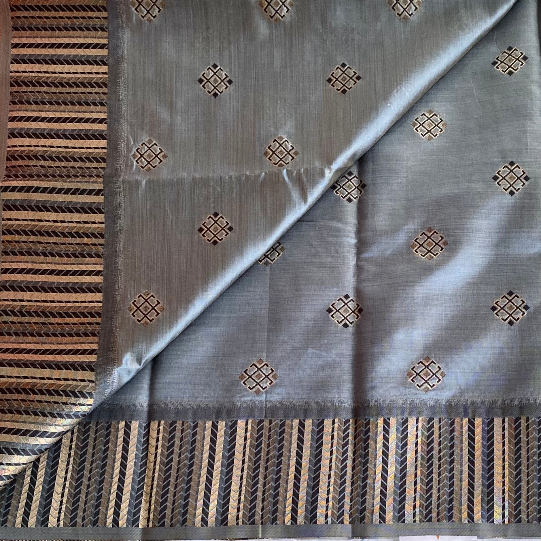 Slate Blue Champagne Gold Chevron Pallu Diamond Buta Saree Traditional
