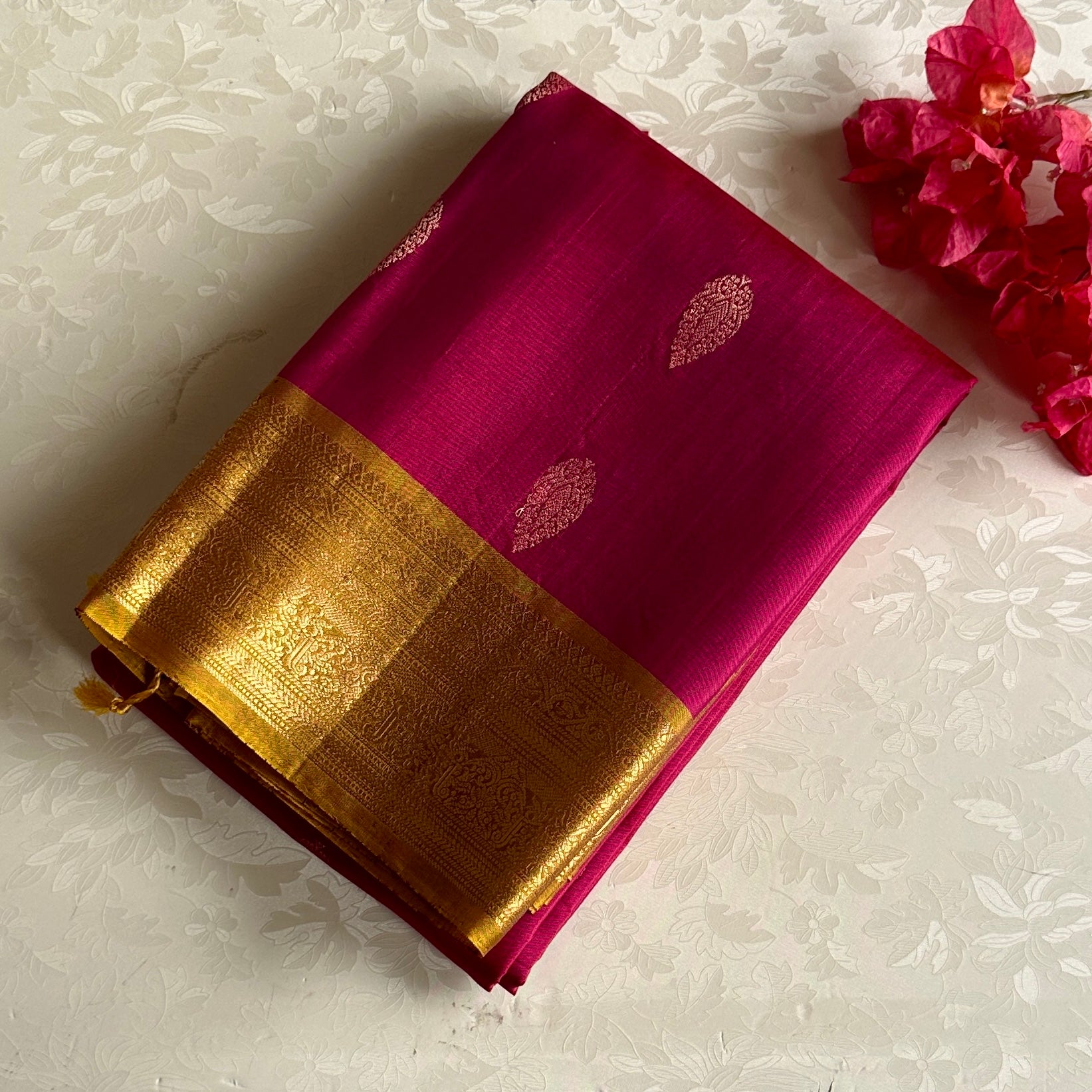 Antique Gold Designer Pure Silk Saree With Rani Pink Pallu