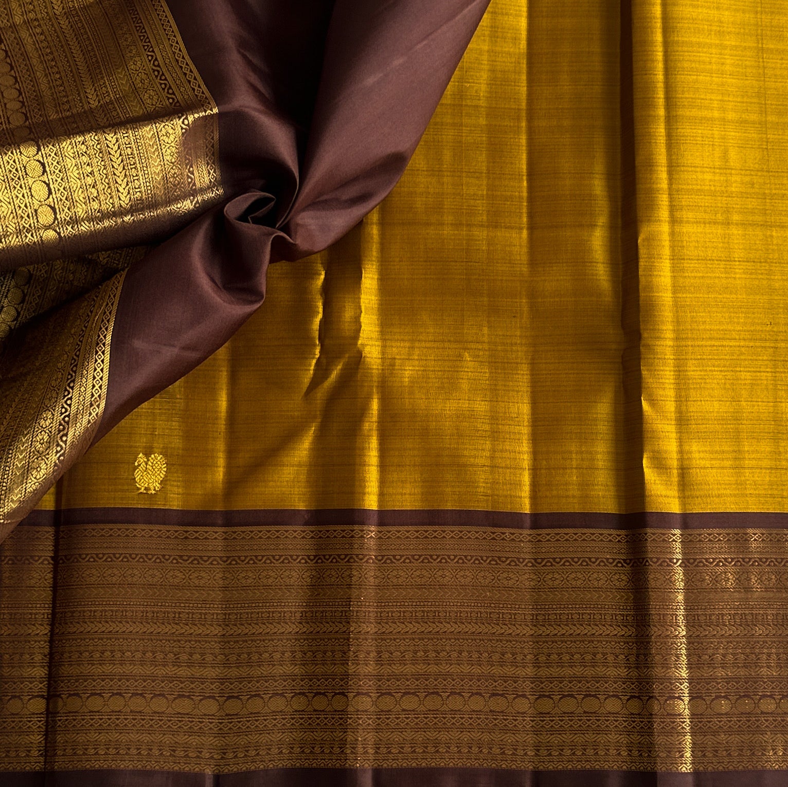 Mustard Pure Zari Kanjeevaram with Wine Zari Pallu and Broad Border