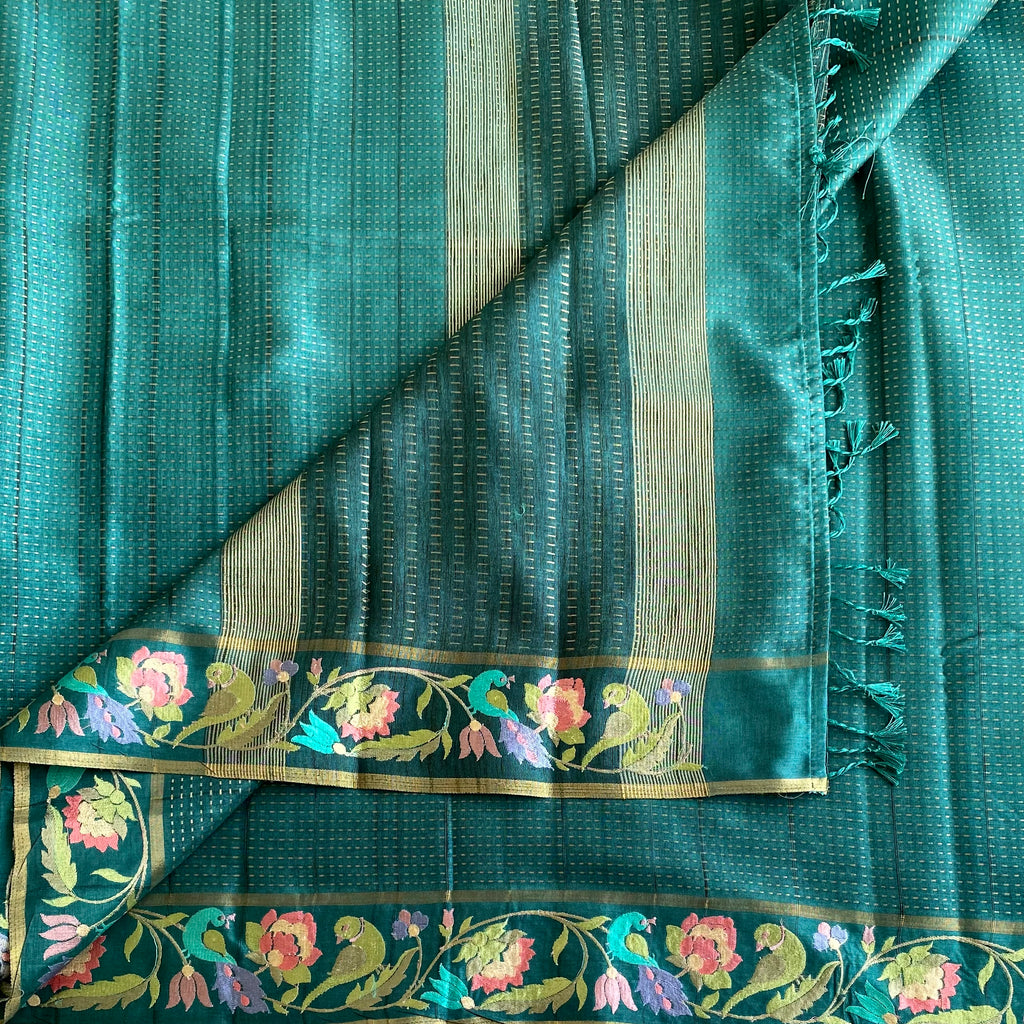 Deep Teal Soft Tussar Silk Saree With Antique Gold Floral Pallu