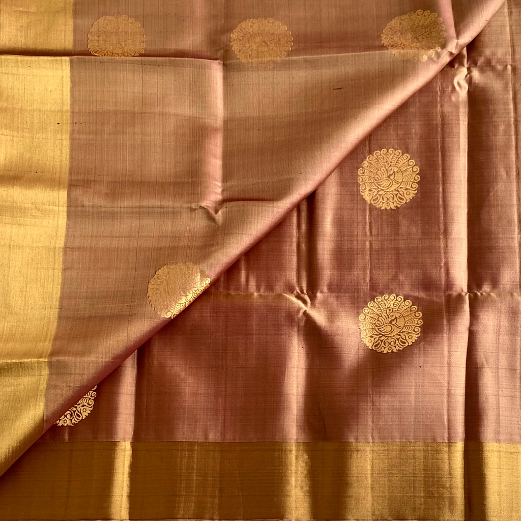 Rare Bronze Brown Designer Pure Silk Saree With Orchid Lavender Pallu